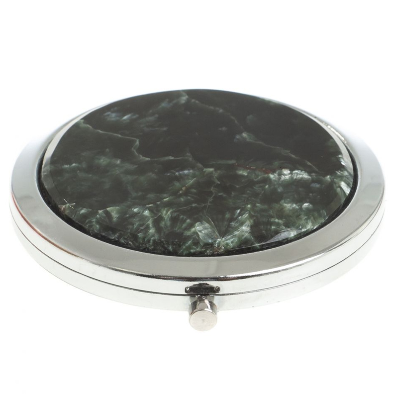 

Зеркало карманное двухстороннее круглое из натурального камня Серафинит в подарочной упаковке Silver Stone Mirrors
