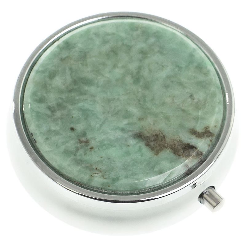 

Таблетница карманная круглая с 3-мя отделениями с зеркалом и накладкой из натурального камня Жадеит Silver Stone Pillboxes