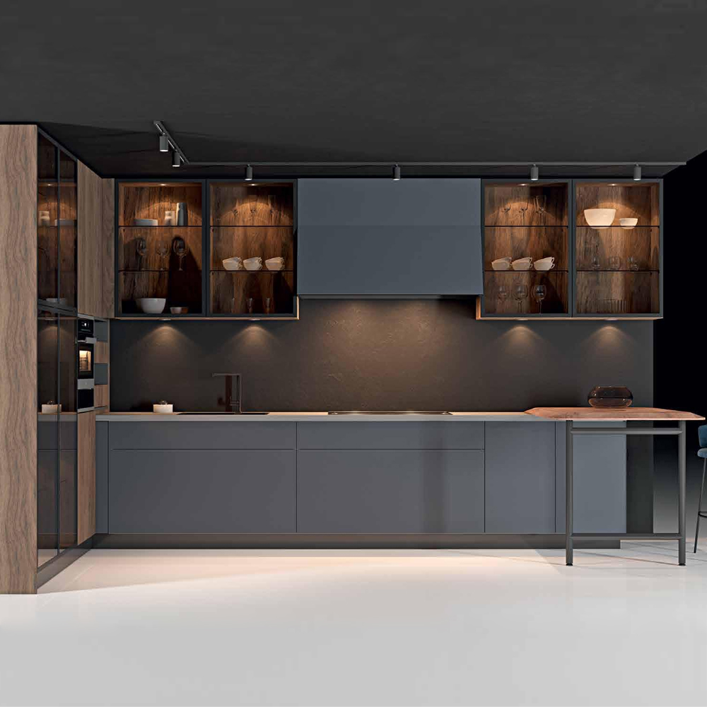 

Комбинированный кухонный гарнитур сине-серого цвета с фасадом под дерево Benjamin Kitchen Set