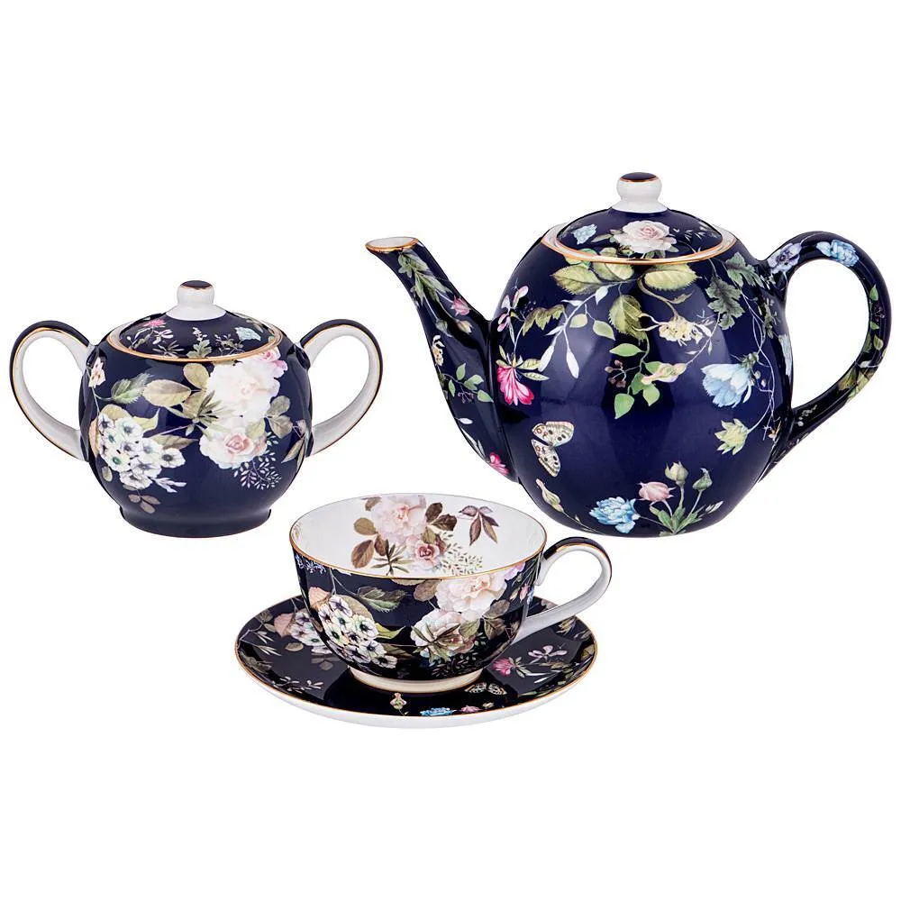 

Чайный сервиз из фарфора темно-синий с рисунком цветов на 6 персон 14 предметов 300 мл Garden Whisper Porcelain Set