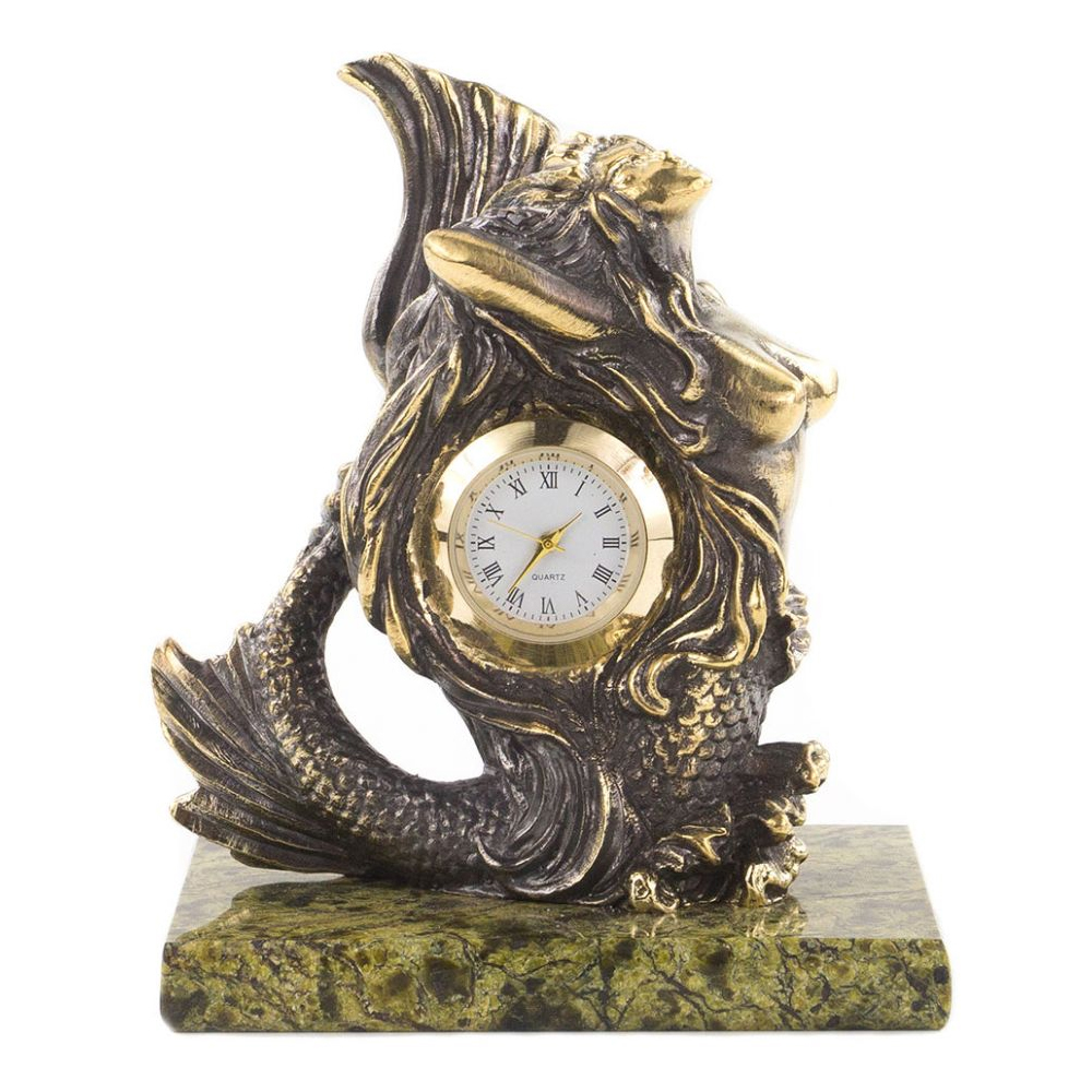 

Часы настольные бронзовые в виде русалочки из натурального камня Змеевик Mermaid Stone Clock