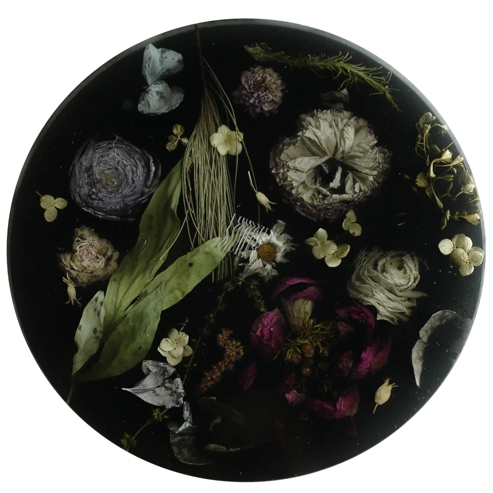 

Круглый поднос из эпоксидной смолы с цветами черный Epoxy Resin Flowers Tray Black
