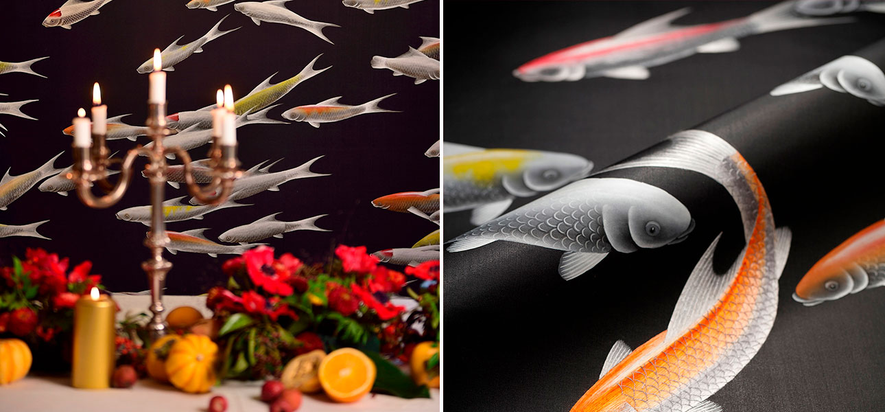 Обои ручная роспись Fishes Koi on Pitch dyed silk - фото