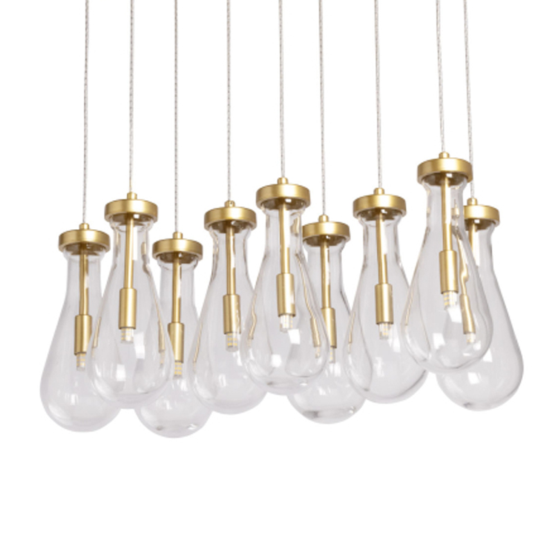 Люстра с 9-ю прозрачными стеклянными плафонами в форме капли Lucid Rain  Золотой Прозрачный в Москве | Loft Concept 