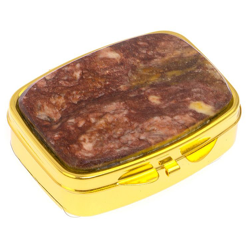

Таблетница карманная прямоугольная с 2-мя отделениями с зеркалом и накладкой из натурального камня Авантюрин Gold Stone Pillboxes