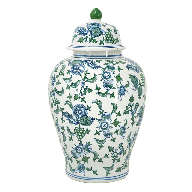 Ваза с крышкой и зелено-голубым цветочным узором на белом фоне Blue & White Ornament Белый Синий Ваза с крышкой и зелено-голубым цветочным узором на белом фоне Blue & White Ornament Белый Синий в Москве | Loft Concept