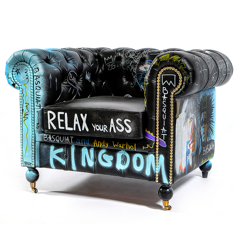 Кресло "Баския и Уорхол" Basquiat Warhol graffiti chair натуральная кожа Черный Мульти в Москве | Loft Concept 