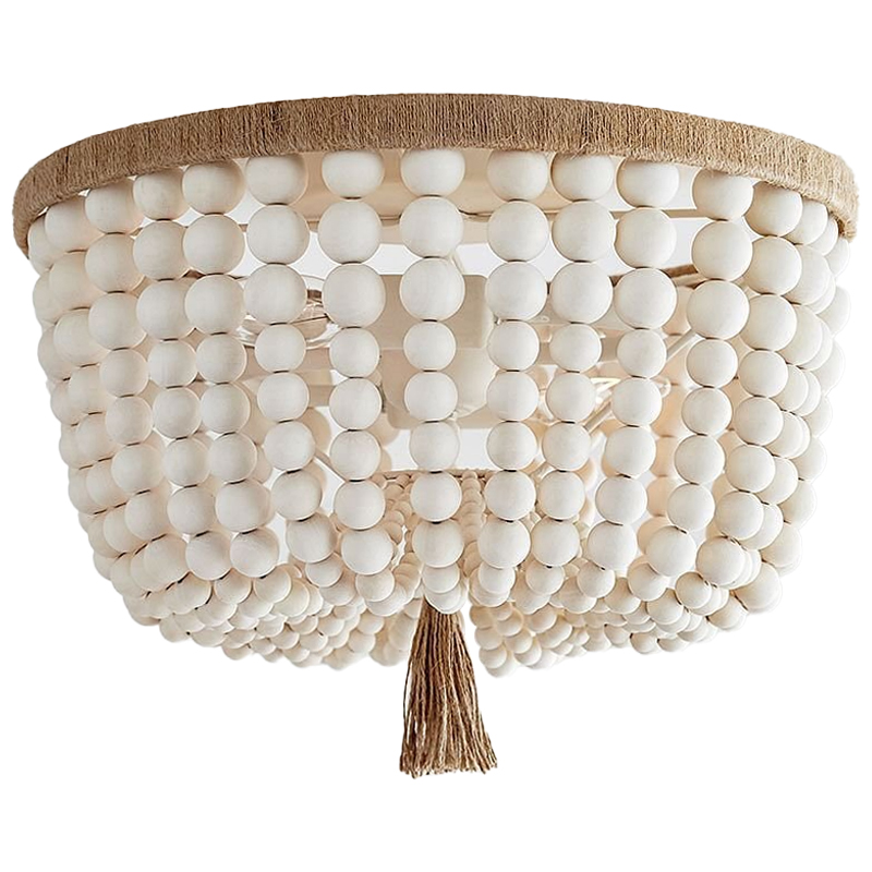 Круглый потолочный светильник украшенный круглыми белыми бусинами Wooden Beads Ceiling lamp Белый Коричневый в Москве | Loft Concept 