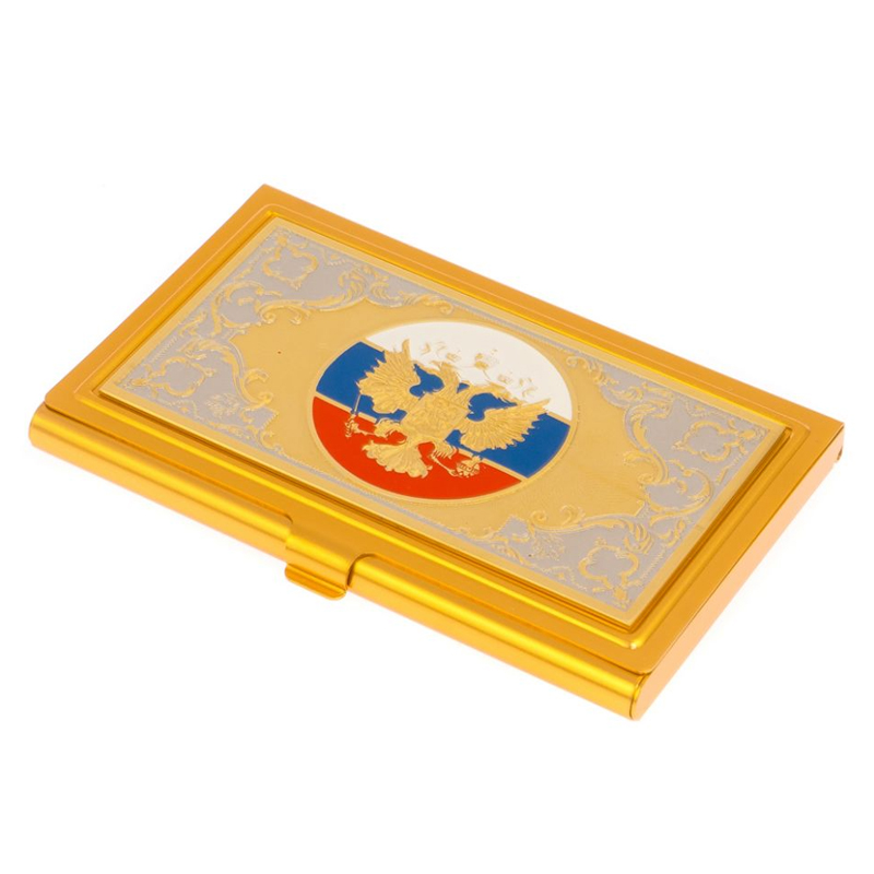 

Визитница карманная металлическая с гравюрой Герба России в подарочной коробке Gold Metal Business Card Holders