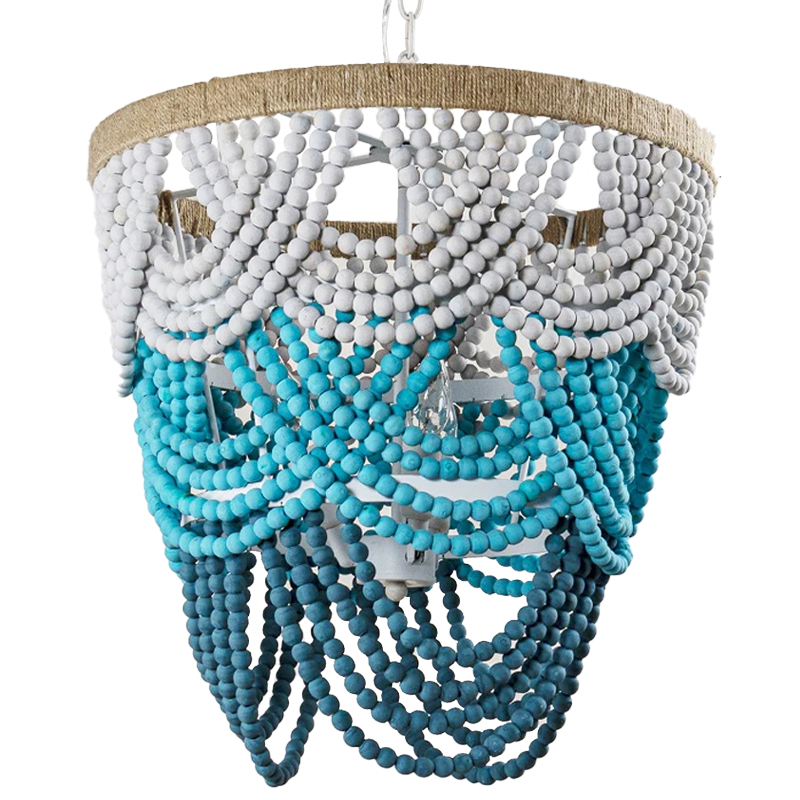 Круглая многоярусная люстра с подвесками в виде круглых бусин Wooden Beads Turquoise Chandelier Бирюзовый Светло-серый Морская синь в Москве | Loft Concept 