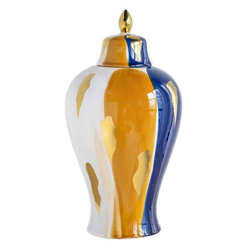 Ваза с крышкой и мазками синего и золого цвета на белом фоне Chinoiserie Ceramics Белый Оранжевый Золотой Синий Ваза с крышкой и мазками синего и золого цвета на белом фоне Chinoiserie Ceramics Белый Оранжевый Золотой Синий в Москве | Loft Concept
