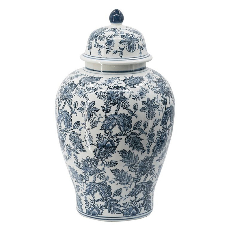 Ваза с крышкой и бело-синим цветочным узором Blue & White Ornament Белый Синий Ваза с крышкой и бело-синим цветочным узором Blue & White Ornament Белый Синий в Москве | Loft Concept