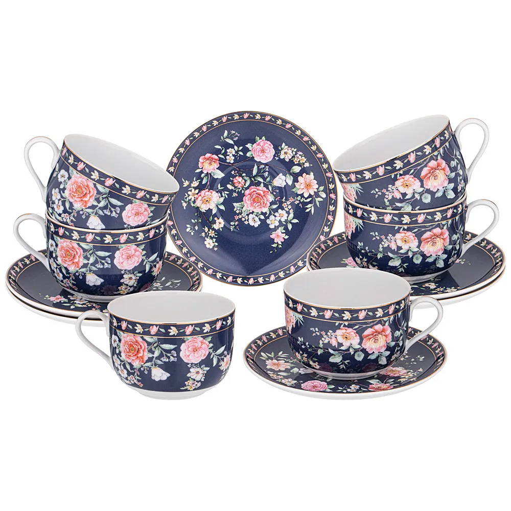 

Чайный набор из фарфора синий на 6 персон 12 предметов Flower Porcelain Collection