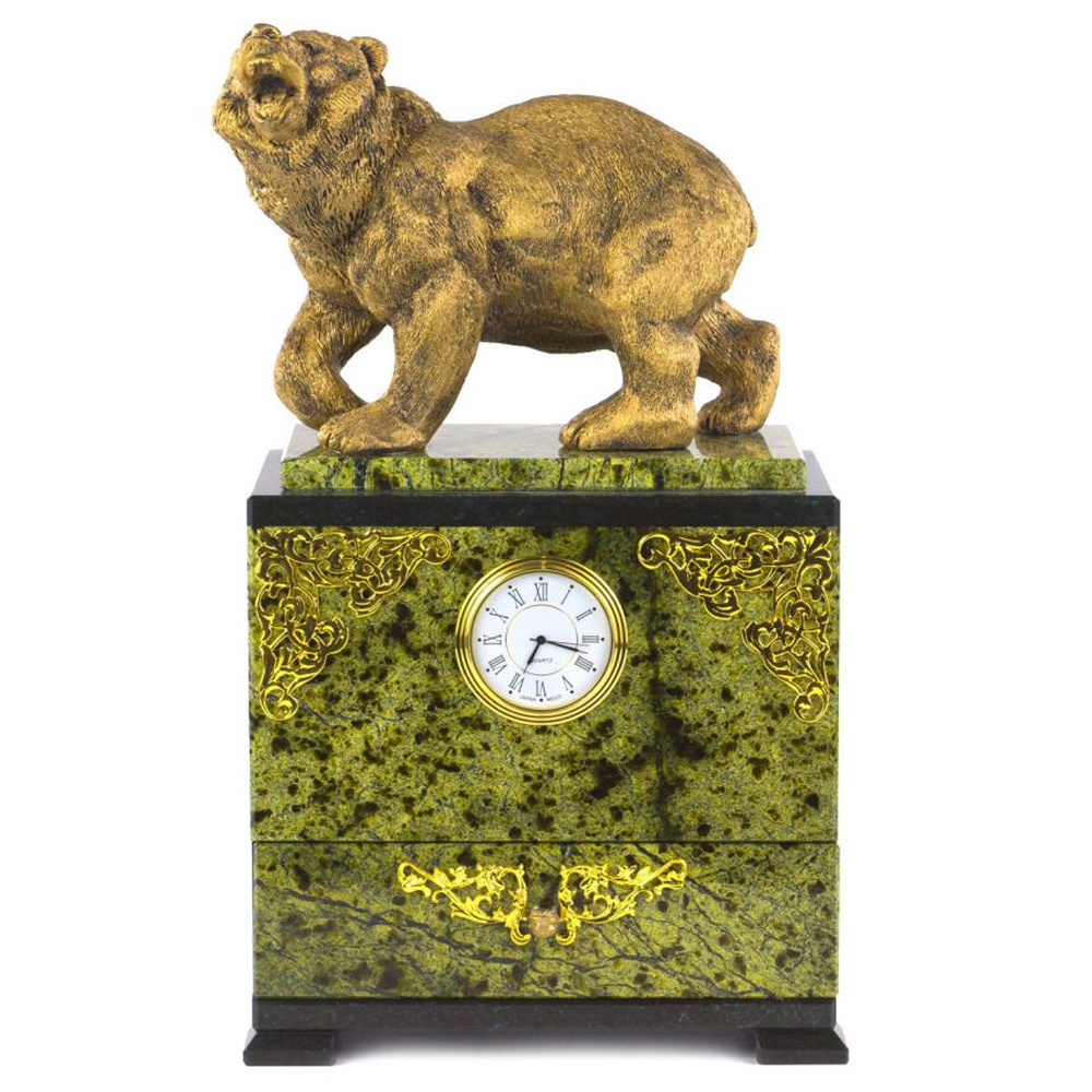 

Часы настольные с декором в виде медведя и выдвижным ящиком из натурального камня Змеевик Bear Stone Clock