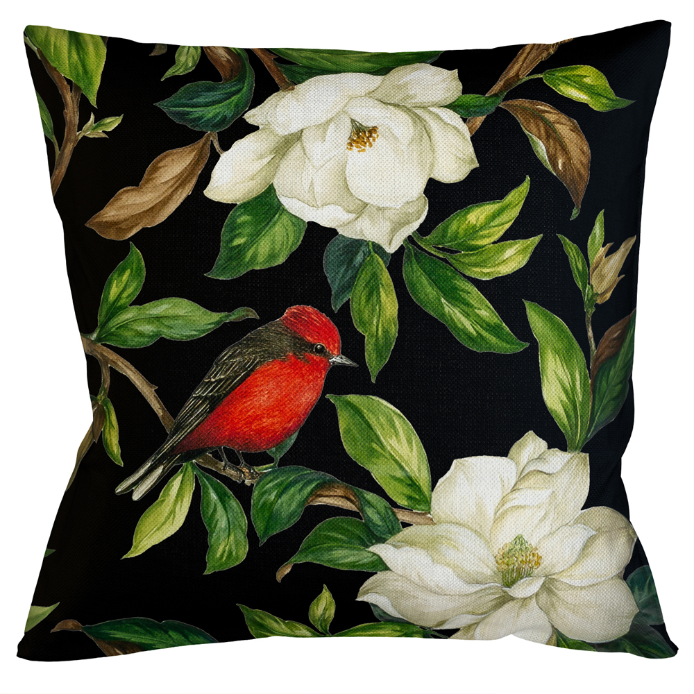 

Декоративная подушка чёрная с изображением птиц и цветов Blooming Reds Birds