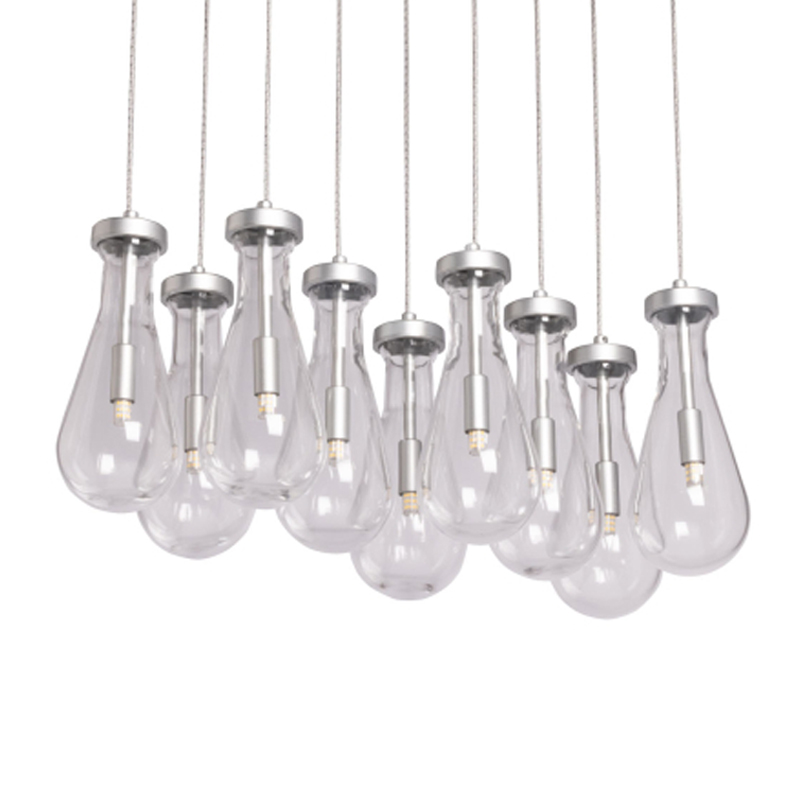 Люстра с 9-ю прозрачными плафонами из стекла в форме капли на прямоугольном потолочном основании цвета хром Lucid Rain  Серебряный Прозрачный в Москве | Loft Concept 