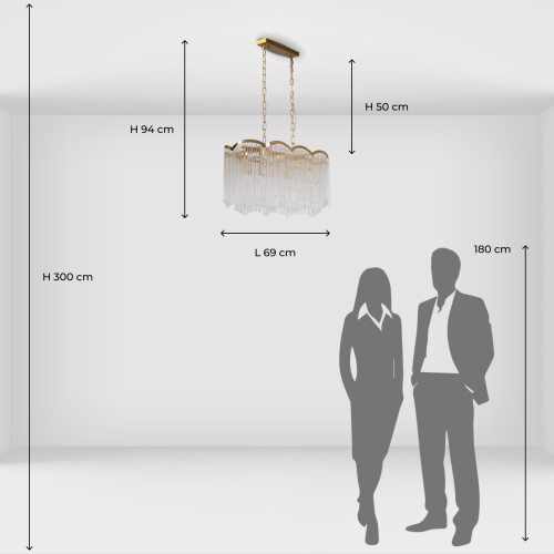 Люстра прямоугольная на цепях с прозрачными трубками и волнистым краем Nembus в Москве