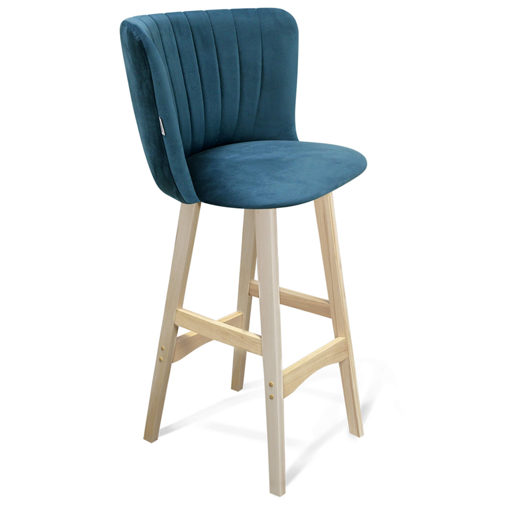 

Барный стул со спинкой на 4-х деревянных ножках Синий Велюр Ava Charm