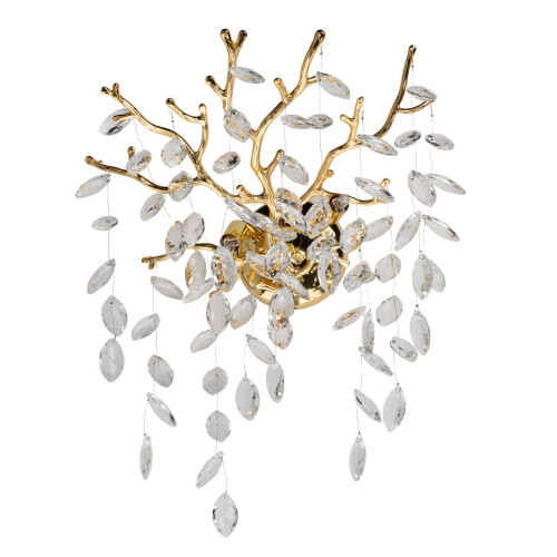 Бра золотого цвета с декоративными ветвями и прозрачными подвесками в форме листьев Droplet Chandelier Золотой Прозрачный в Москве | Loft Concept 