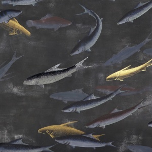 Обои ручная роспись Fishes Colourway SC-125 on Tarnished Silver gilded silk with d?sargenter pearlescent antiquing
