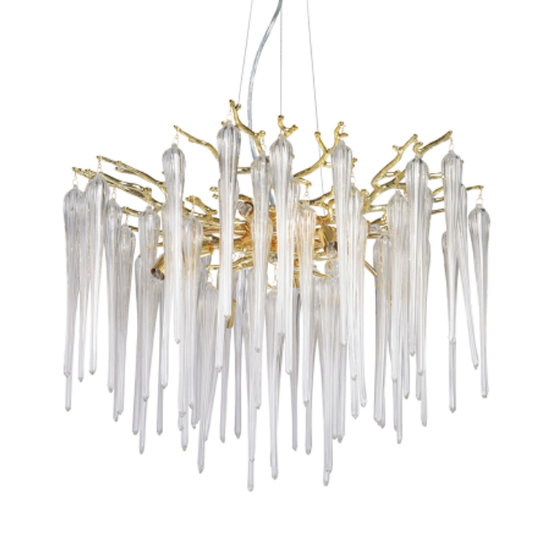 Люстра золотого цвета с декоративными ветками и длинными прозрачными стеклянными подвесами в форме сосулек Droplet Chandelier Золотой Прозрачный в Москве | Loft Concept 
