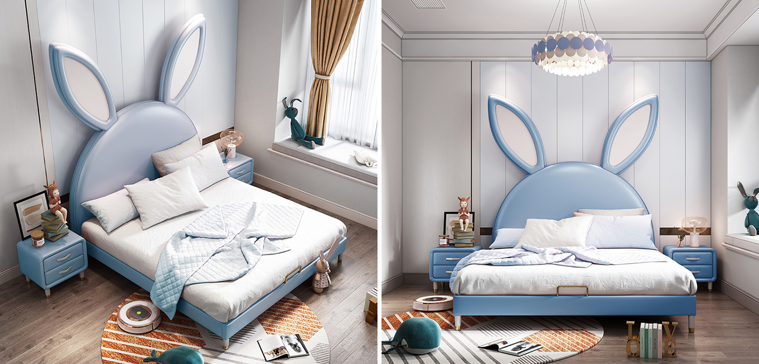 Детская кровать изголовьем в виде зайчика Голубой - фото