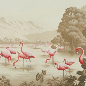 Обои ручная роспись Flamingos Flamingo on Sepia scenic paper