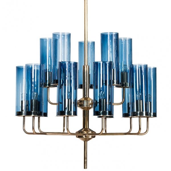  Hans-Agne Jakobsson Brass & Blue Glass Tube Chandelier  (Sapphire)     | Loft Concept 