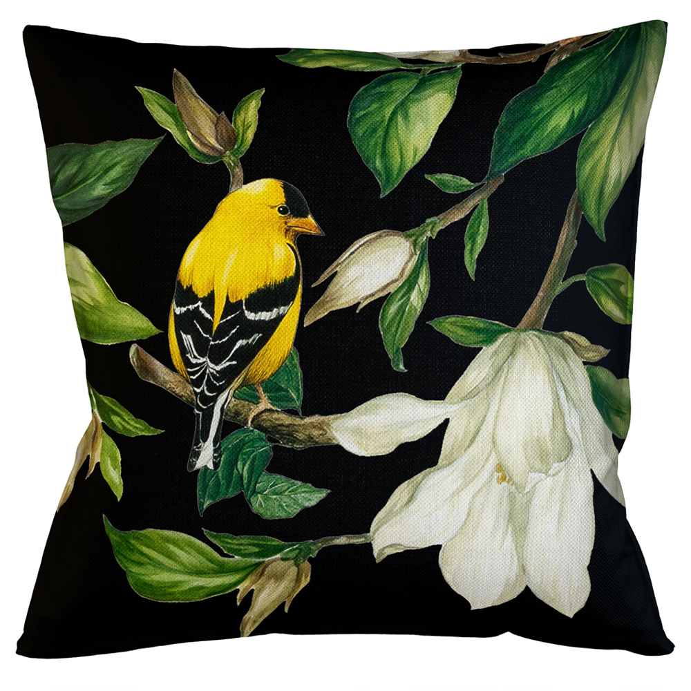 

Декоративная подушка чёрная с изображением птиц и цветов Blooming Birds