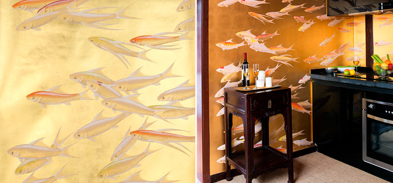 Обои ручная роспись Fishes Koi on Deep Rich Gold gilded paper - фото