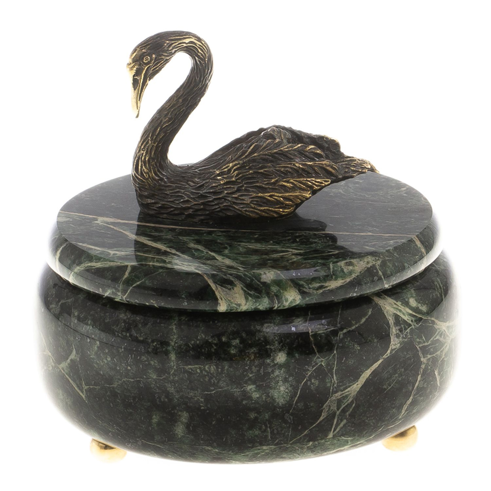

Шкатулка из натурального камня змеевик с фигуркой лебедя Stone Casket