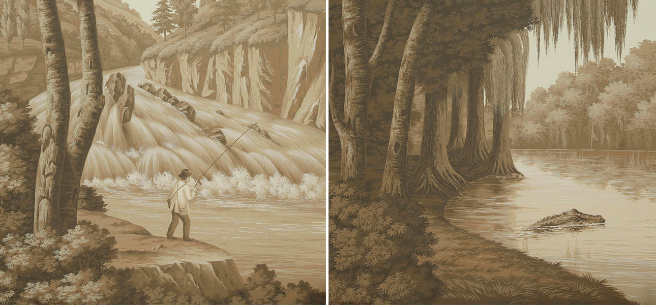 Обои ручная роспись North American River Views Sepia on scenic paper - фото