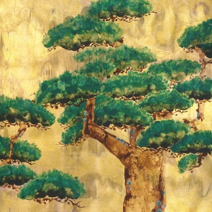 Обои ручная роспись Pine Trees Original colourway on Old Gold gilded paper with pearlescent antiquing