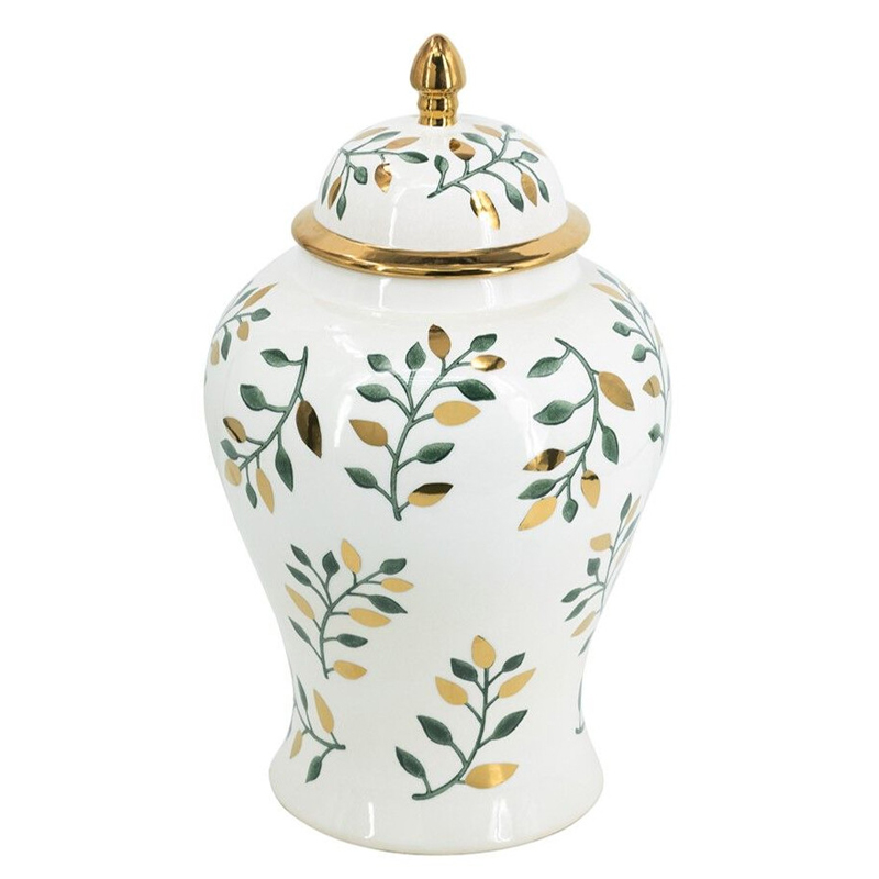 Ваза белая с крышкой с рисунком зеленых и золотых листьев 48 см Chinoiserie Ceramics Белый Зеленый Золотой Ваза белая с крышкой с рисунком зеленых и золотых листьев 48 см Chinoiserie Ceramics Белый Зеленый Золотой в Москве | Loft Concept