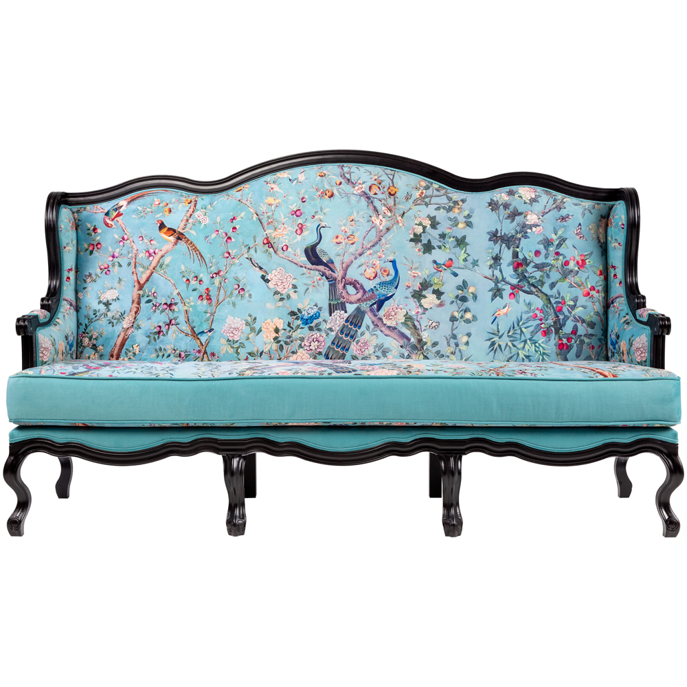 

Трехместный диван из натурального бука бирюзовый с изображением птиц и цветов Turquoise Chinoiserie Garden Sofa