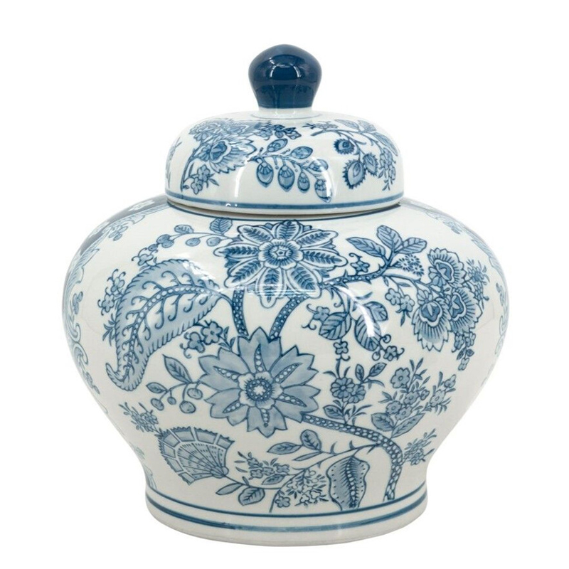 Ваза с крышкой и синим узором в виде цветов и листьев Blue & White Ornament  Белый Синий в Москве | Loft Concept 