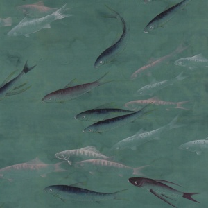 Обои ручная роспись Fishes Special Colourway on blue green painted silk with antiquing