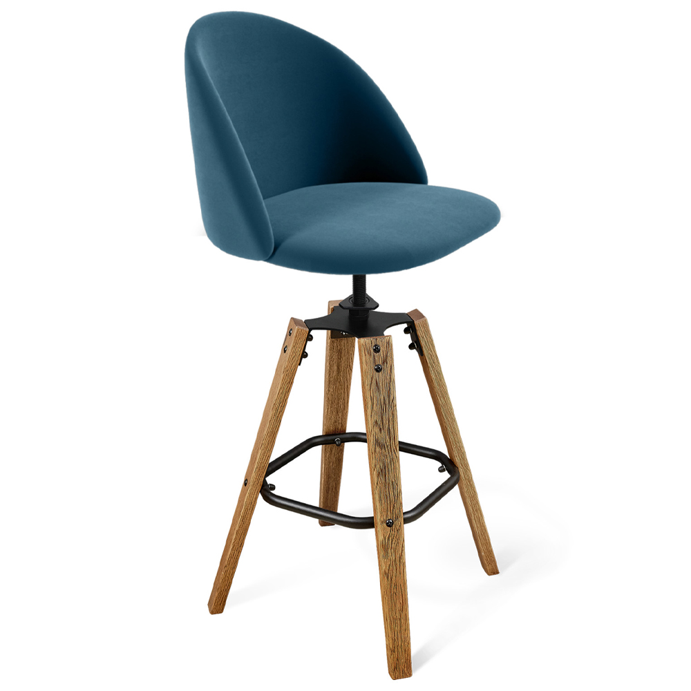 

Барный стул со спинкой и металлической подставкой на 4-х деревянных ножках Синий Велюр Vendramin Chair