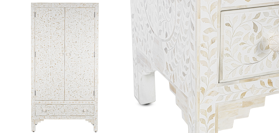 Шкаф белый узор отделка кость White Bone Inlay Almirah Cupboard 1 DRAWER - фото №2