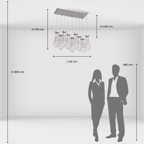Люстра с 9-ю прозрачными плафонами из стекла в форме капли на прямоугольном потолочном основании цвета хром Lucid Rain  в Москве