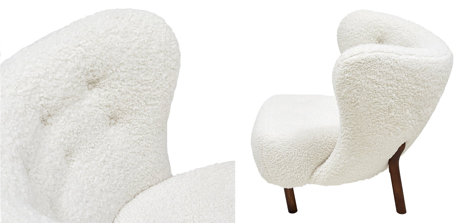 Дизайнерское кресло Boucle Neve White Armchair с обивкой букле и ножками из массива ясеня - фото