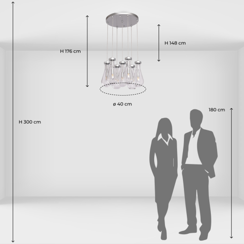 Люстра с 7-ю прозрачными плафонами из стекла в форме капли на круглом потолочном основании цвета хром Lucid Rain  в Москве