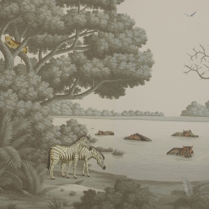 Обои ручная роспись African Savannah Eden on Crystal Grey scenic paper