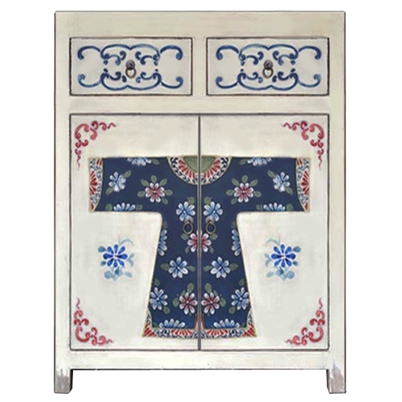Белая тумба из массива сосны в Китайском стиле ручная роспись White Chinese Nightstand