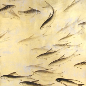 Обои ручная роспись Fishes Original colourway on Deep Rich Gold gilded paper with d?sargenter pearlescent antiquing