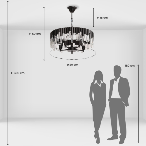 Люстра круглая из матового черного металла с подвесками из прозрачных стеклянных трубок Noir Tubes в Москве