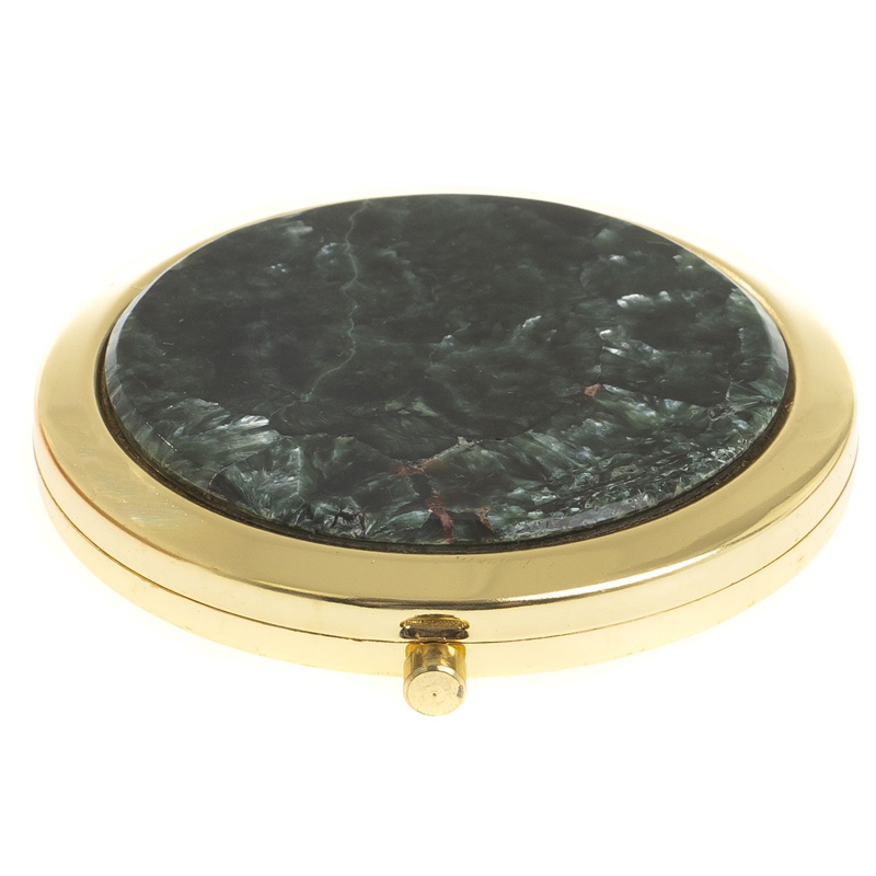 

Зеркало карманное двухстороннее круглое из натурального камня Серафинит в подарочной упаковке Gold Stone Mirrors