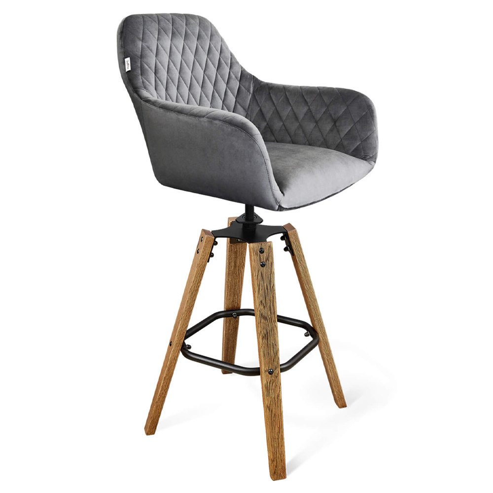 

Барный стул со спинкой и подлокотниками на 4-х деревянных ножках Douglas Rhombus Серый Велюр