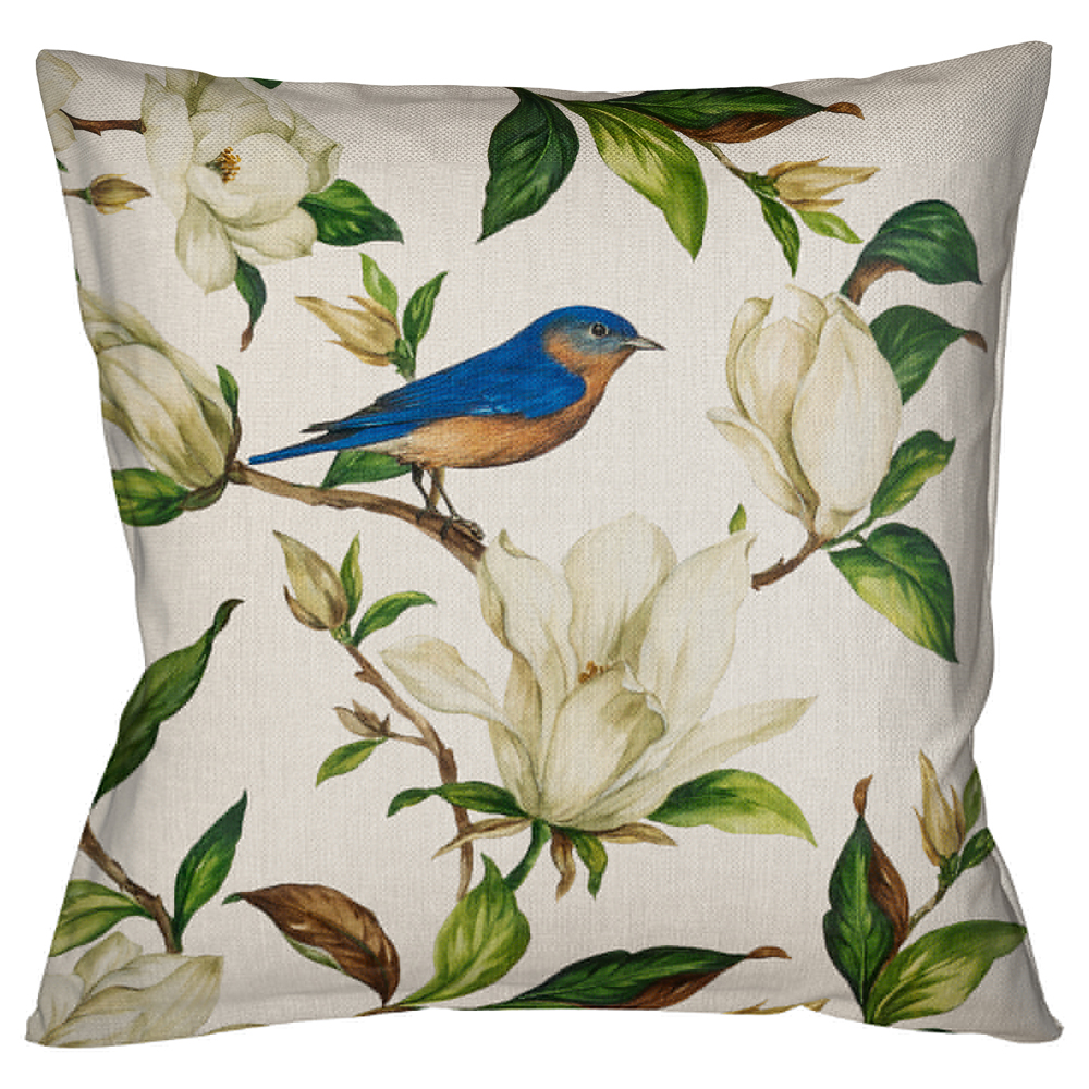 

Декоративная подушка бежевая с изображением птица в саду Blooming Blue Birds