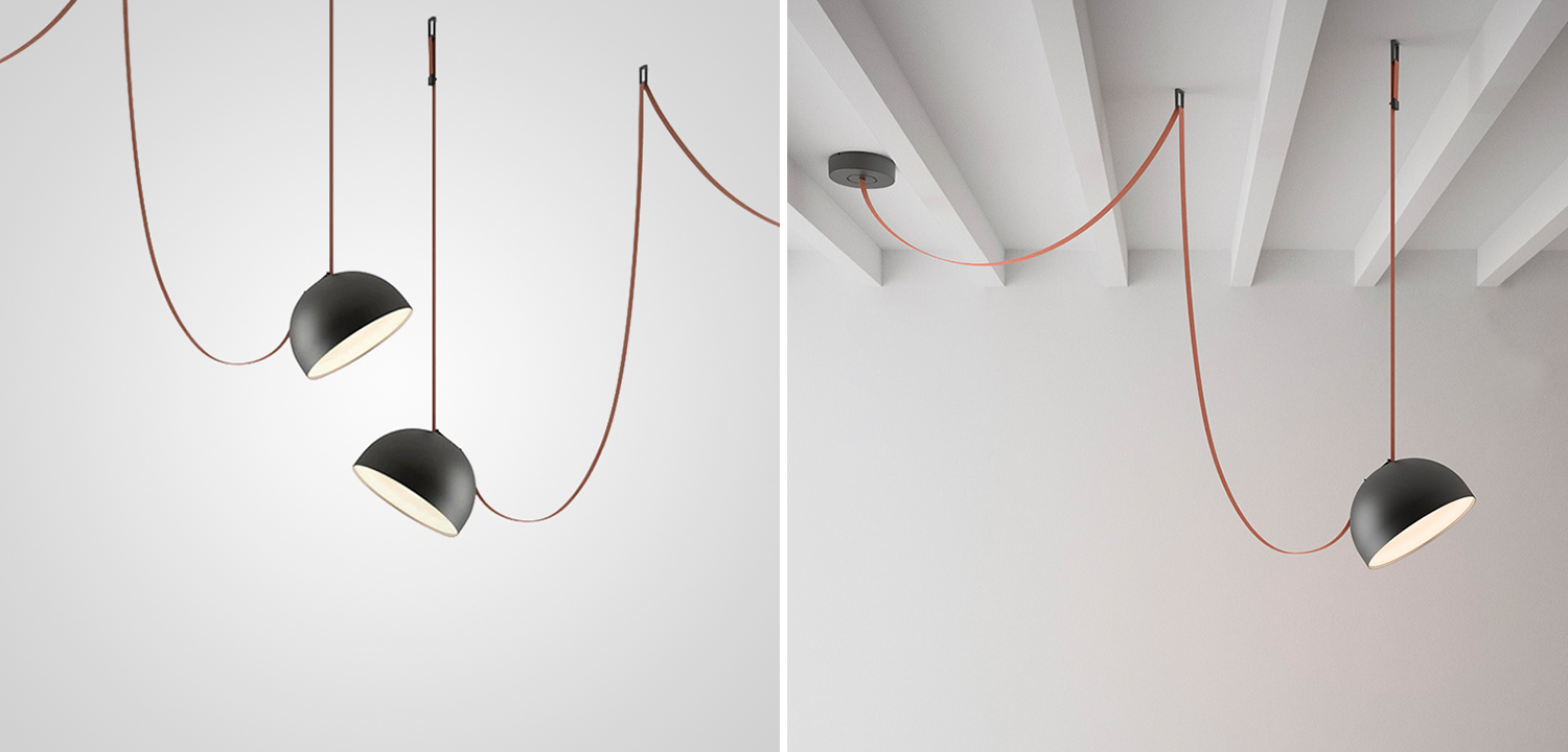 Vibia PLUSMINUS Подвесной светодиодный светильник c черным абажуром на красном текстильном тросе - фото